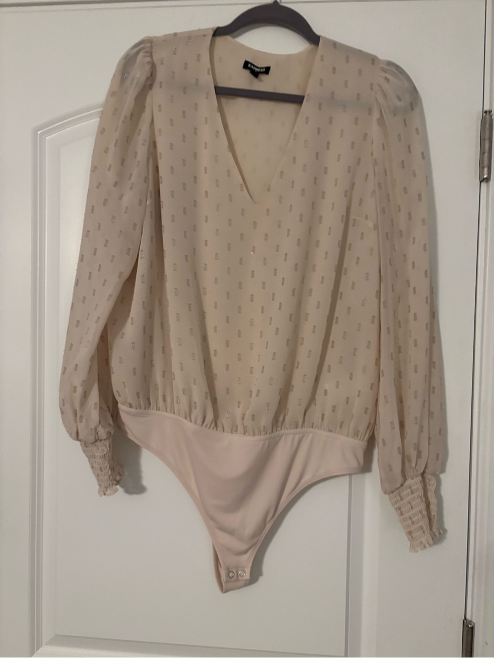 Express Cream V-Neck Long Sleeve Bodysuit with Metallic Dot Detail